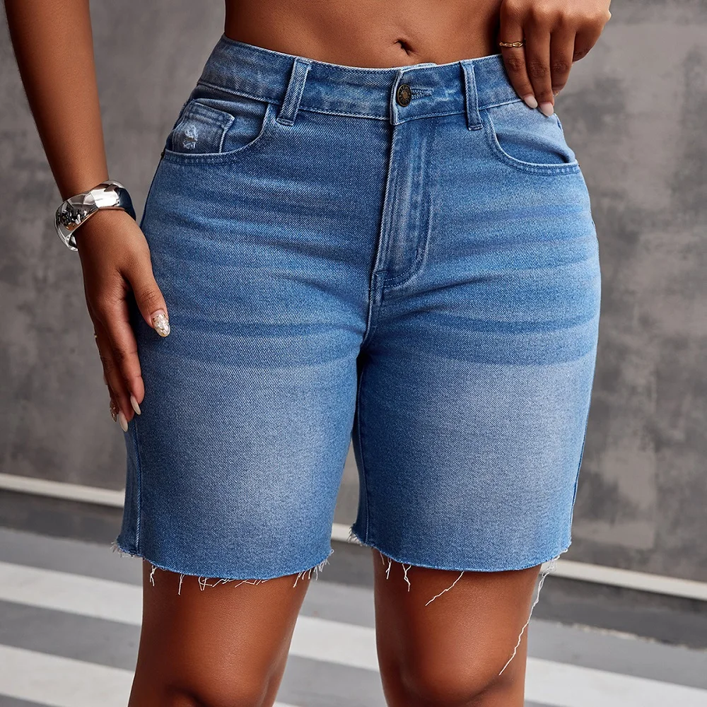 Pantalones cortos vaqueros de verano para mujer, pantalones cortos vaqueros con bolsillos de color sólido y cintura alta