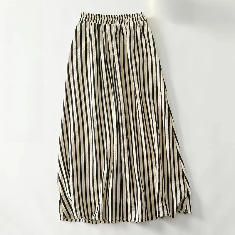 

Новая летняя винтажная мягкая полосатая юбка А-силуэта 2026 года в японском стиле с эластичной талией, драпированная, миди, повседневная, хлопковая