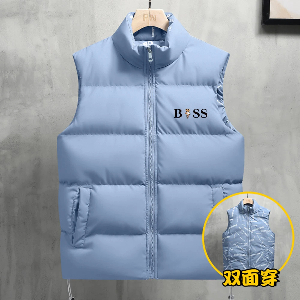 Double sided down cotton vest for men\'s autumn and winter new fashion jacket vest windproof stand up collar thickened warm vest