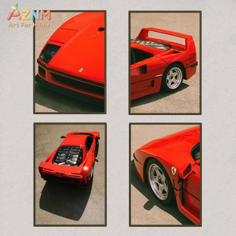 AZNM Ferrari F40 Classic Supercar Canvas Wall Art Unframed, Vintage Italian Red Sports Car Poster Artwork for Garage Man Cave Li