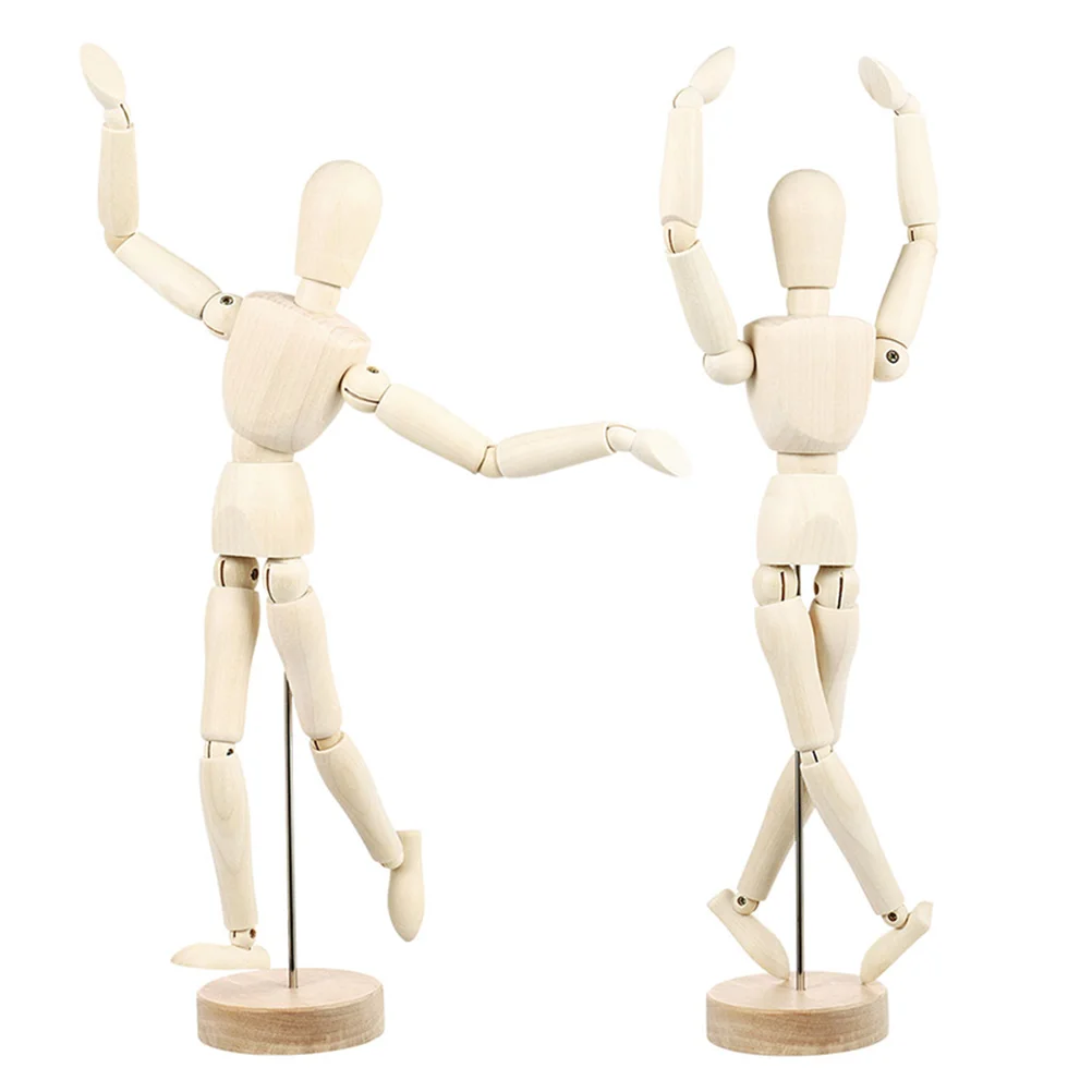 

2 Pcs Solid Wood Ornaments Desktop Artist Human Mini Decor Movable Joint Puppets Blank