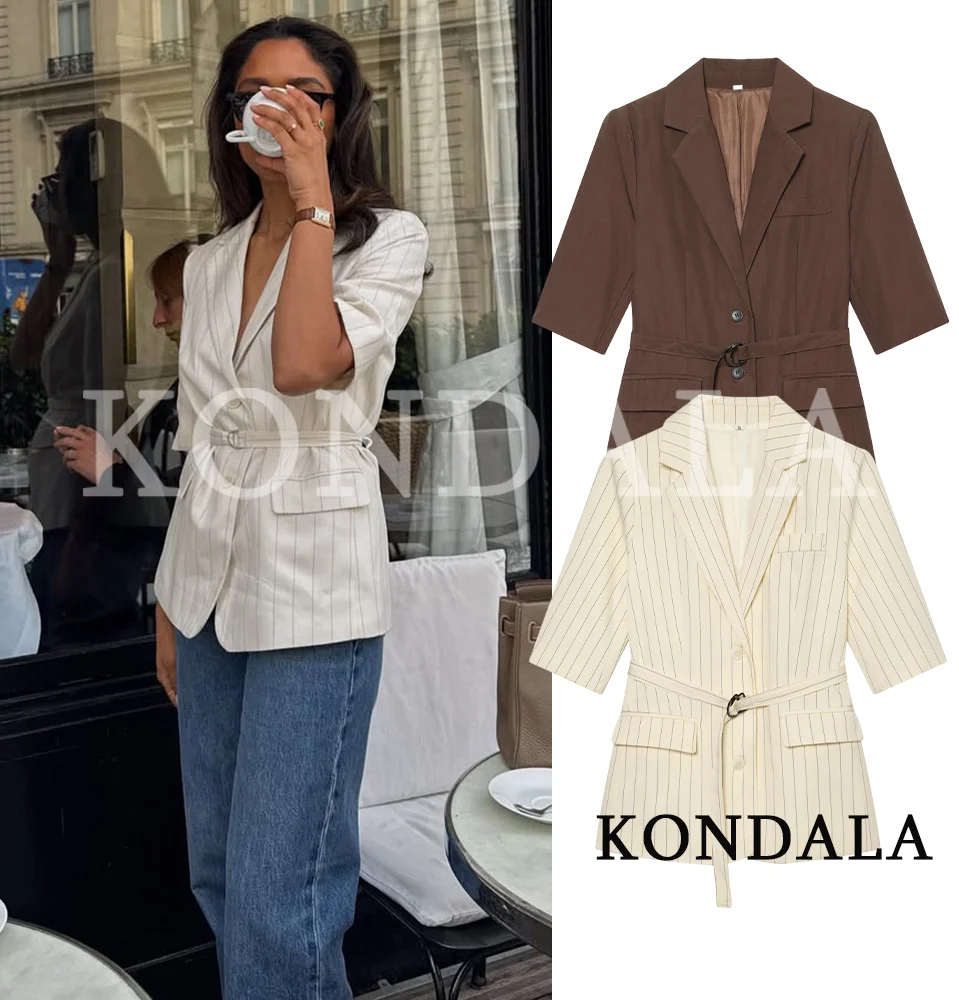 KONDALA Women Summer Short Sleeve Blazers Commute Leisure Blazer with Belt 2026 Summer Trendy Office Lady Elegant Chic Blazers