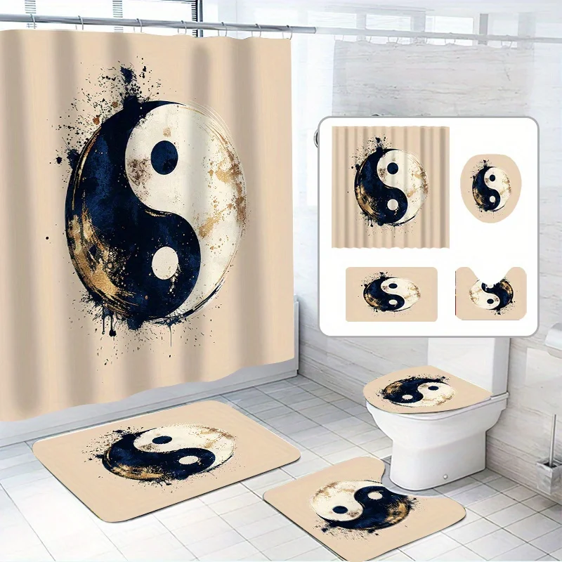 

Набор из 4 занавесок для душа Инь Ян Тай Чи, китайский художественный стиль, водостойкая полиэфирная ткань, в комплект входит 12 крючков, нескользящая летучая мышь