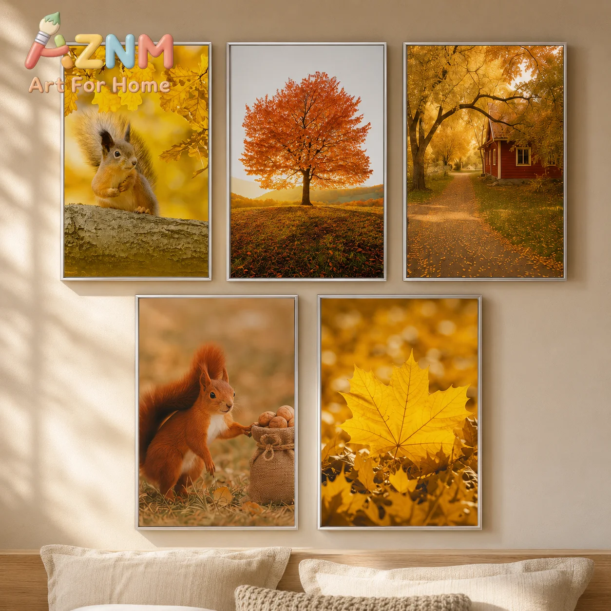 Autumn Squirrel Forest Canvas Wall Art Golden Maple Leaf Fall Tree House Print Poster Farmhouse Decor for Living Room Entryway