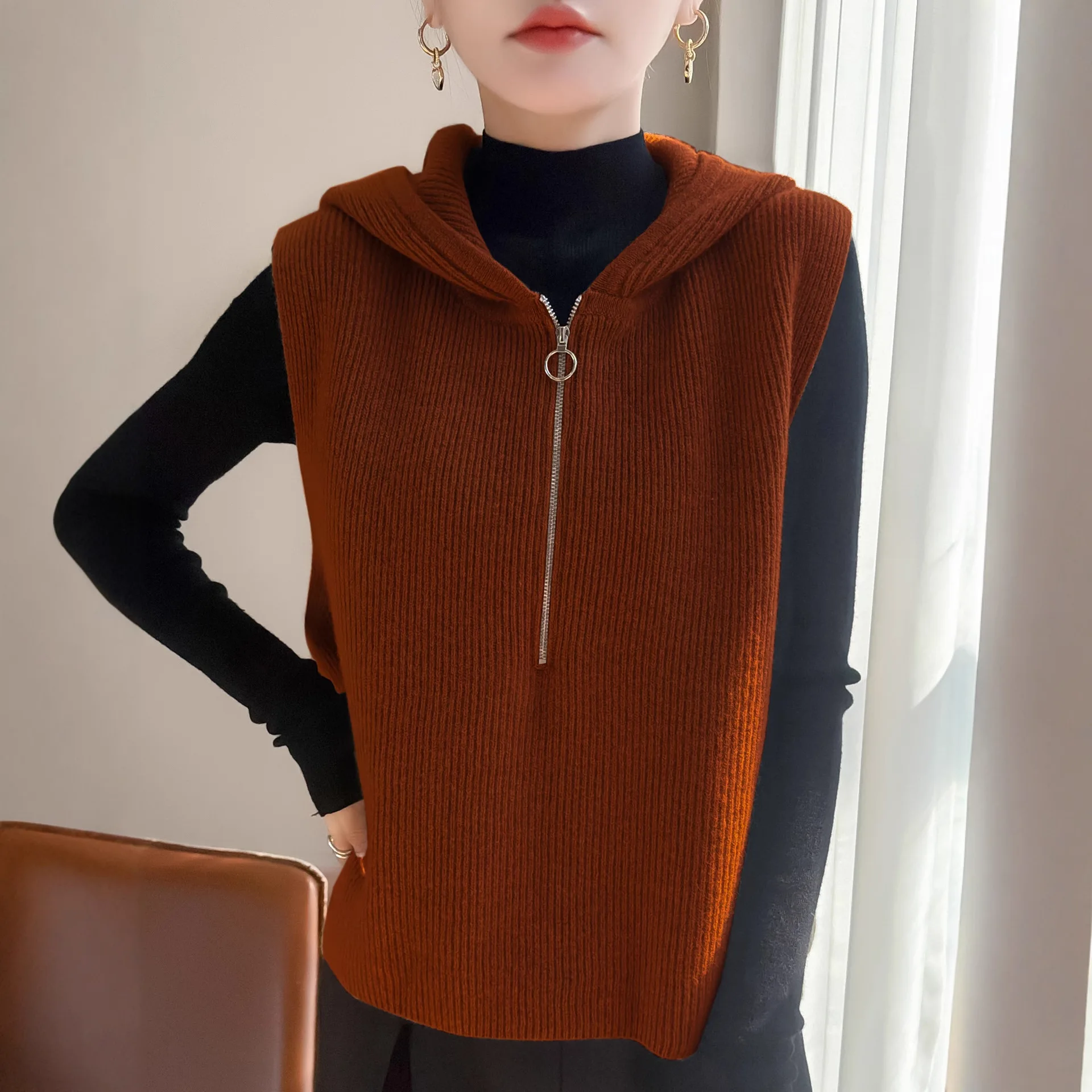 Damska kamizelka swetrowa z zamkiem błyskawicznym, z kapturem, ciepła, jesienno-zimowa, dzianinowa kamizelka, modna, luźna, koreańska, gruba kamizelka swetrowa, codzienna odzież wierzchnia.