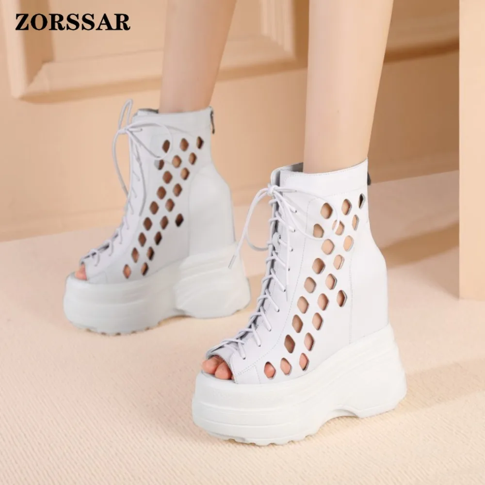 Women's White 16cm Super High Heel Wedge Platform Sandals Cutout Ankle Boot Open Toe Lace-Up Back Zipper Hollow Out Fashion Shoe