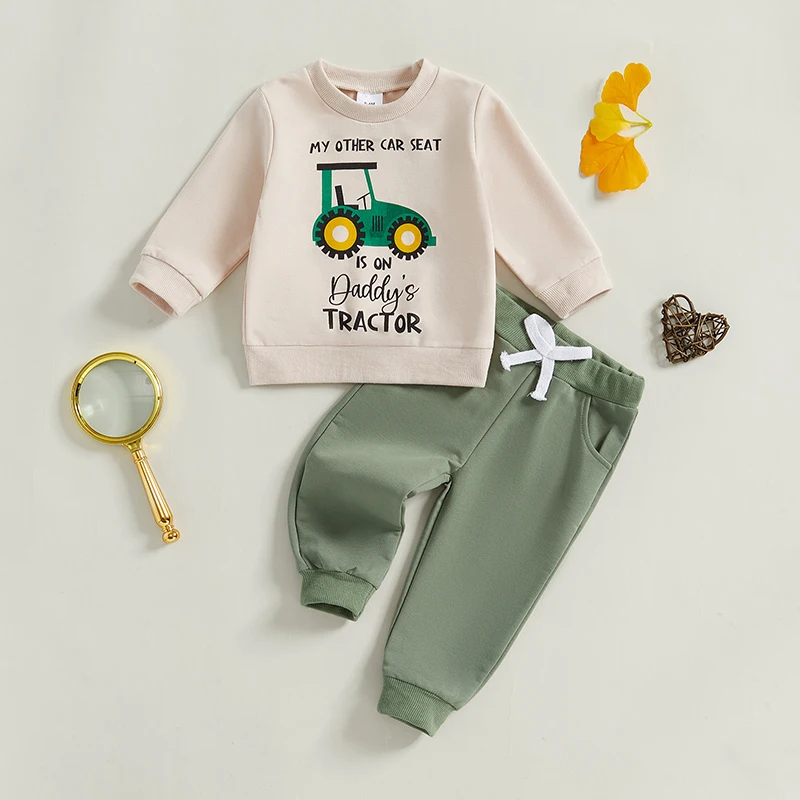 Kids Boys 2-piece Outfit, Long Sleeve Letters Tractor Print Sweatshirt with Elastic Waist Sweatpants Fall Outfit