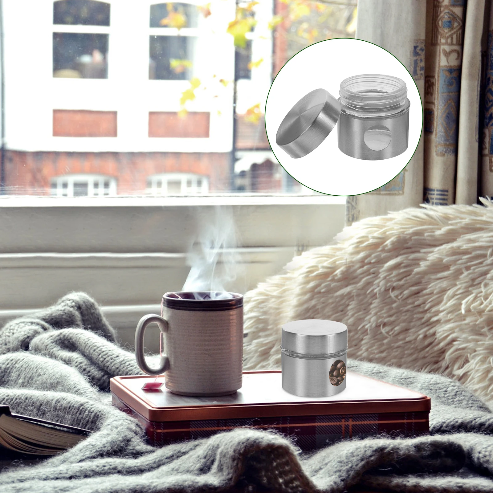 

Portable Stainless Steel Glass Tea Airtight Coffee Candy Storage Jar Household Kitchen Canister Multi-Function Sealed