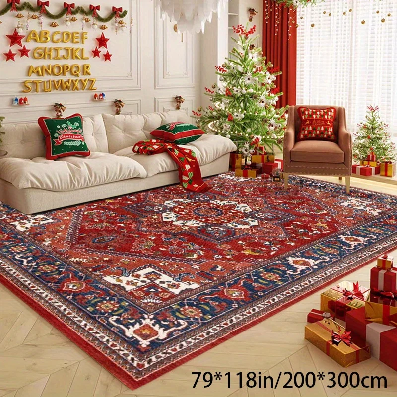 

Large Persian-Style Red Velvet Area Mat with Intricate Floral Patterns - Soft, Machine Washable, Non-Slip Backing for Living Roo