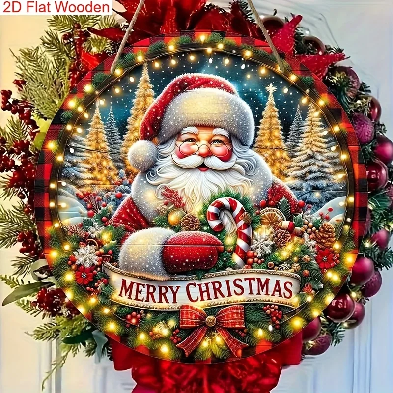 2D flaches „Merry Christmas“-Holzschild – Weihnachtsmann- und Kranzdesign, geeignet für Haustür- und Raumdekoration