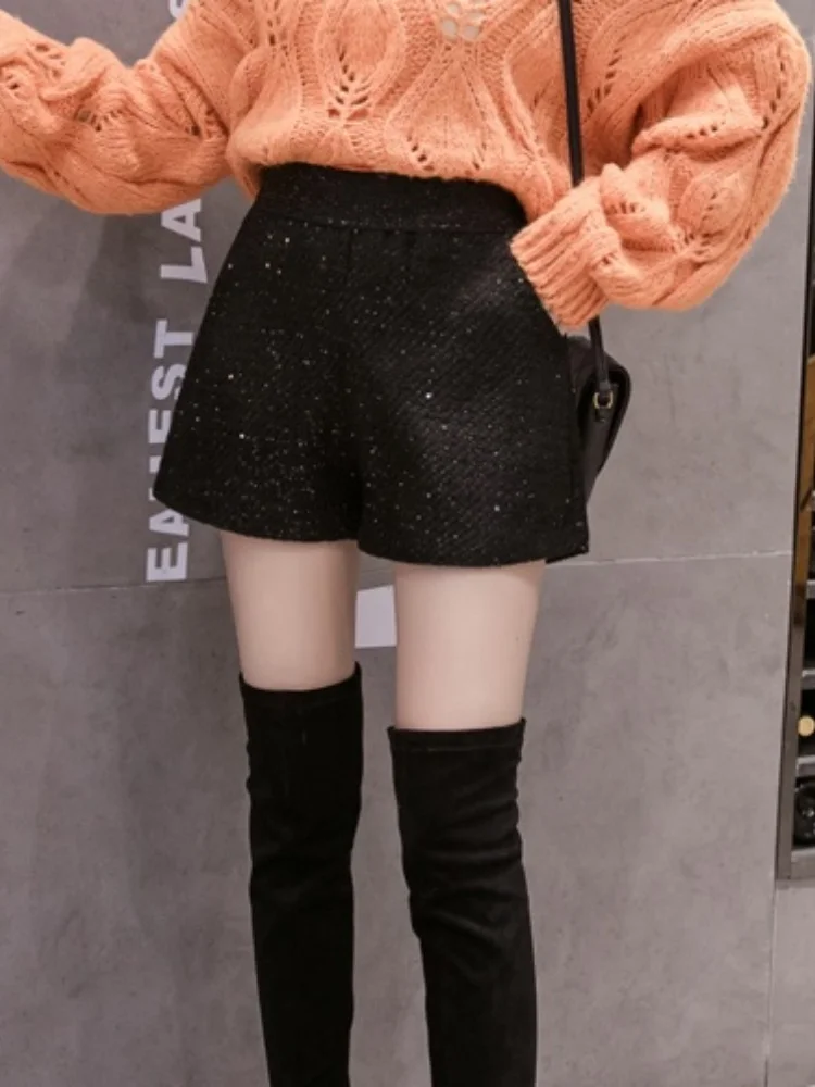 2025, neue Herbst/Winter-Wollhose mit elastischer Taille, funkelnder grober Hanf, helle Seide, Wolle, weites Bein, Stiefel, Hose, Tweed-Shorts