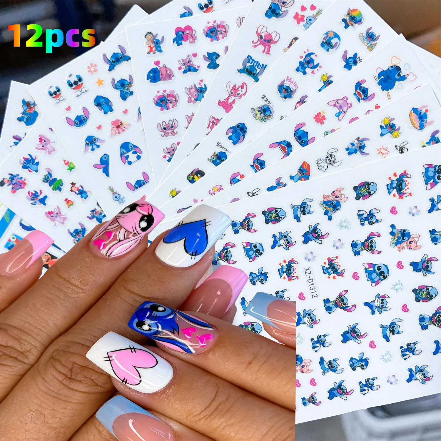 12pcs/Set Cartoon Lilo and Stitch 3D Nail Sticker Kawaii Disney Anime Sticker Nail Art Decoration Valentine's Day Nails Supplies