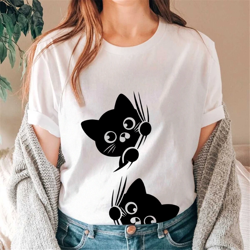 

Women's T-Shirt Cute Cat Cartoon Hand-Painted Graphic Tee Women | Korean Inspired Y2k Top | 2025 Summer Trendy T-Shirt