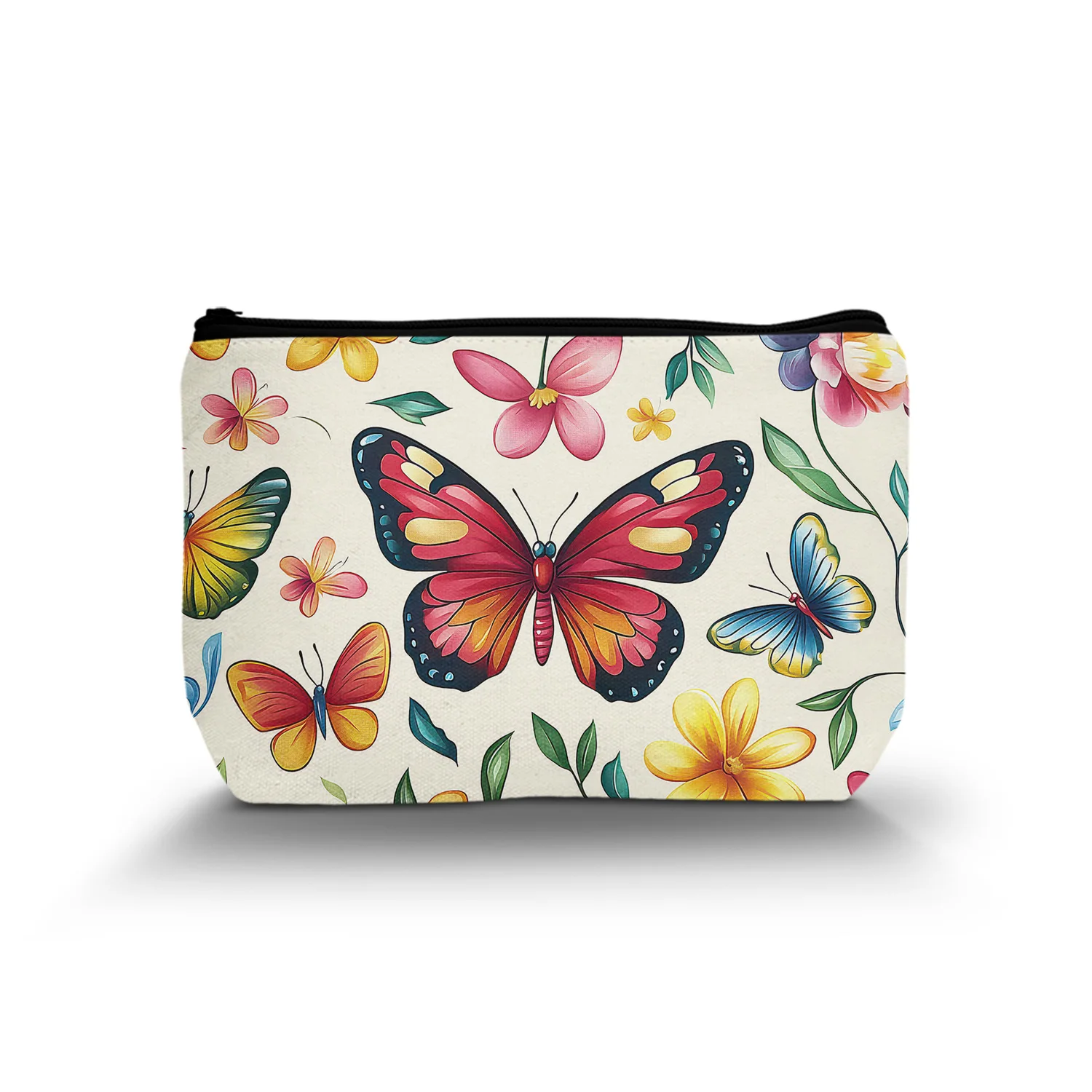 1Pc Aesthetic Butterfly Floral Makeup Bag Retro Vintage Flower Cosmestic Bag With Zipper Wildflower Insects Makeup Bag