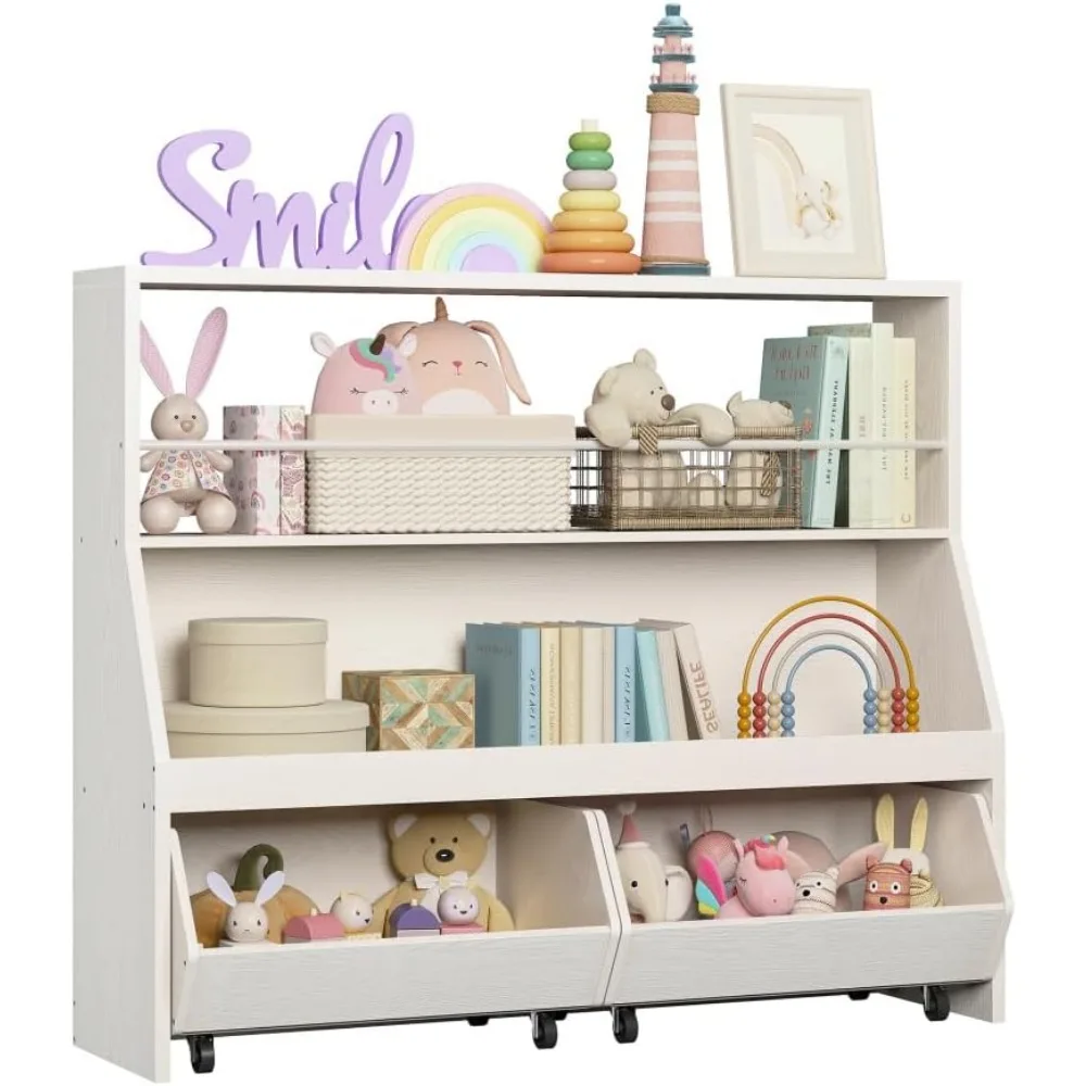 IlearCK-étagère à jouets, bibliothèque pour enfants avec 2 égouts de proximité mobiles, étagère supérieure à jouets avec barre transversale, armoire de rangement