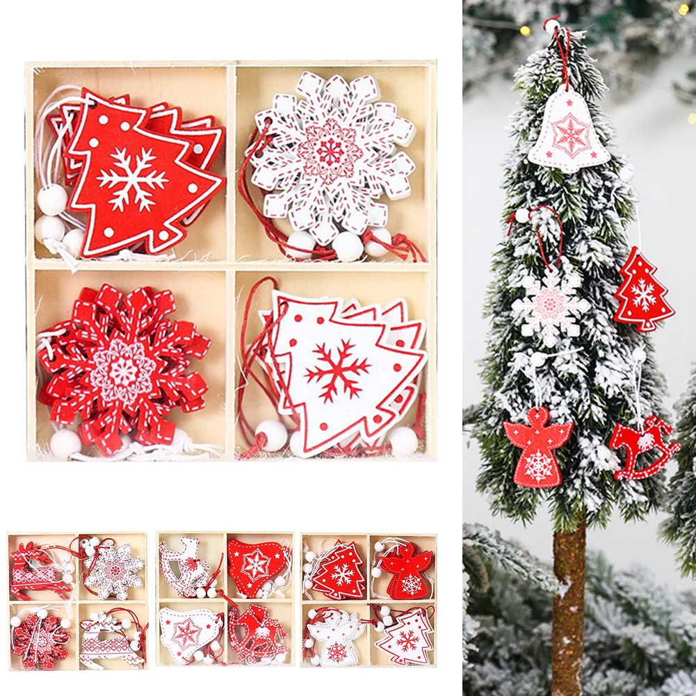 

12pcs/box Christmas Wooden Pendants Xmas Tree Hanging Ornaments DIY Wood Crafts For Home Christmas Party New Year Decorations