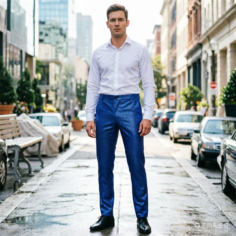 

Blue men's luxurious sequined checkered suit pants, fashionable men's dance bar KTV casual wear small elastic pants