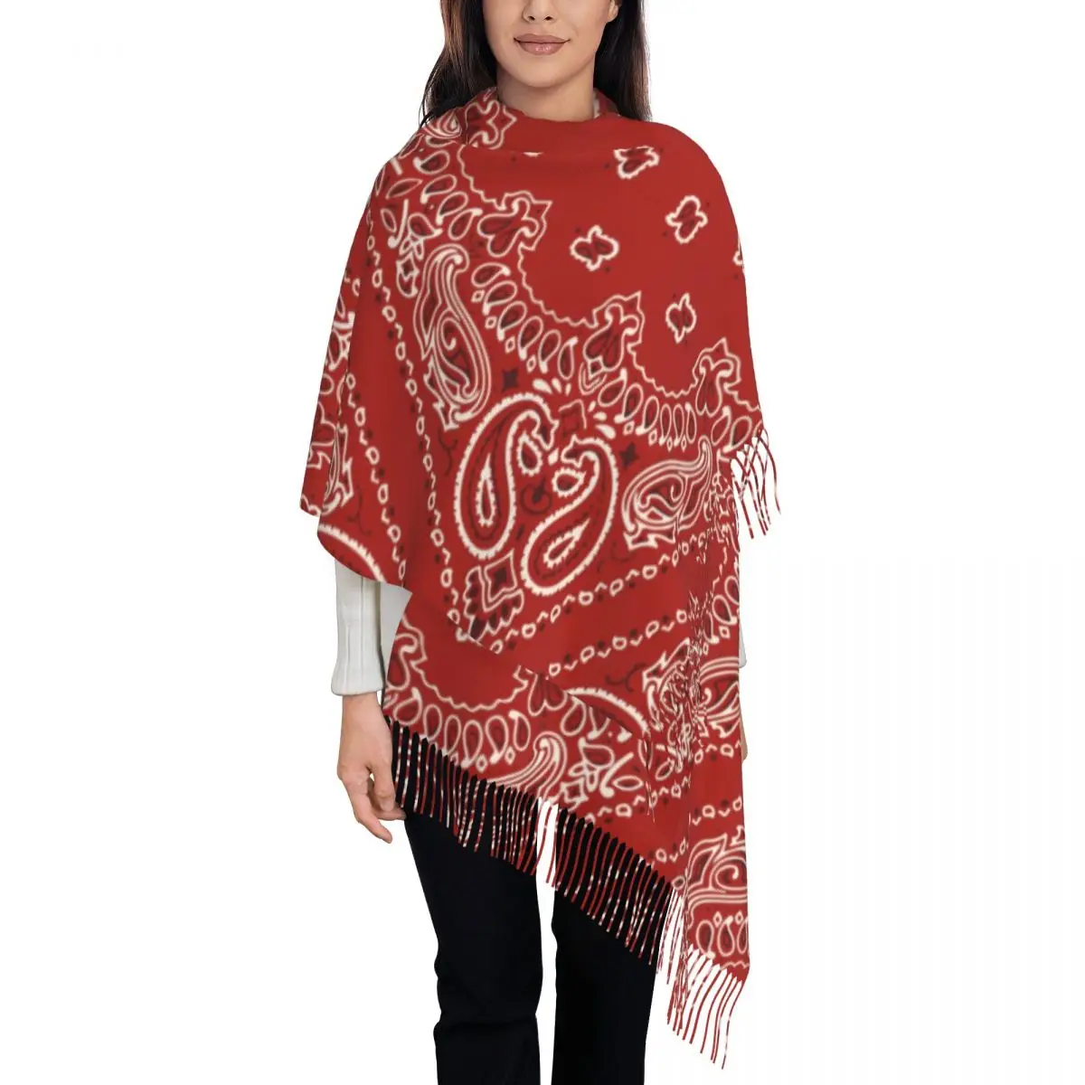 

Luxury Cool Red Bandana Paisley Style Tassel Scarf Women Winter Fall Warm Shawl Wrap Lady Scarves