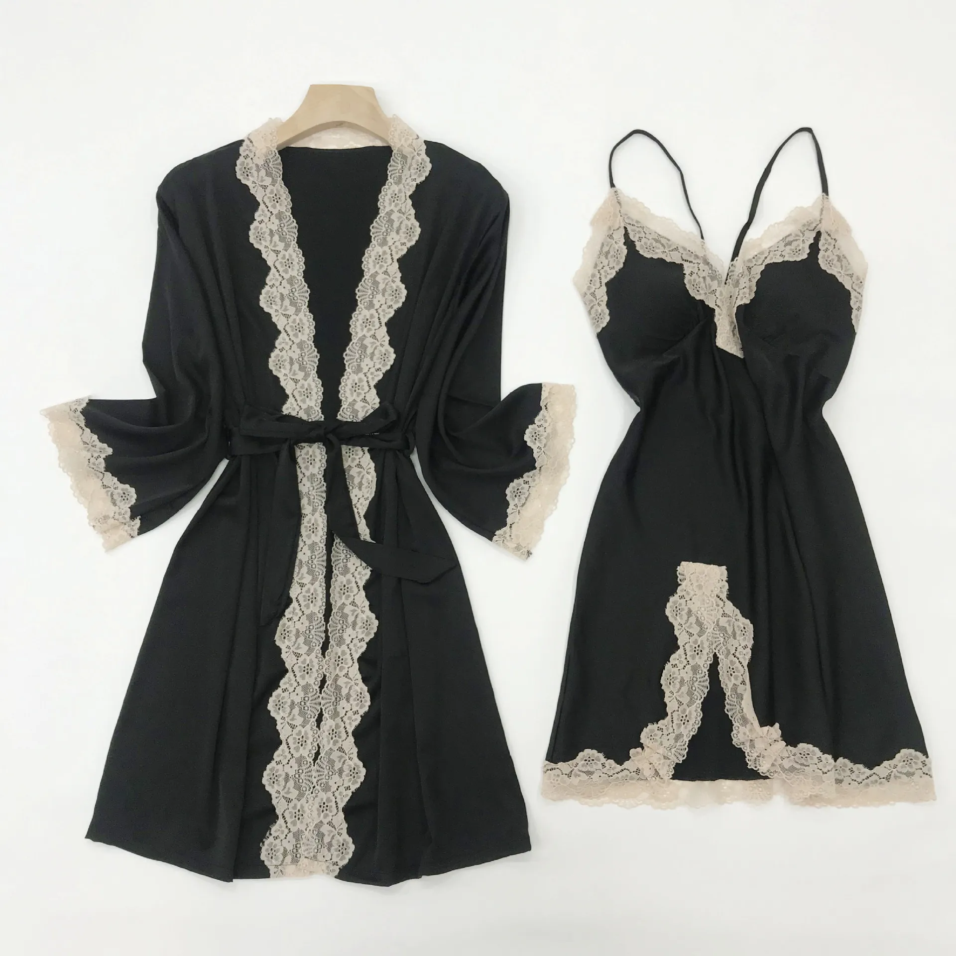 Lace Kimono Robe Gown Suit With Strap Nightgown Female Sleepwear Summer Bathrobe Sexy Satin Lingerie Suspender Nightdress