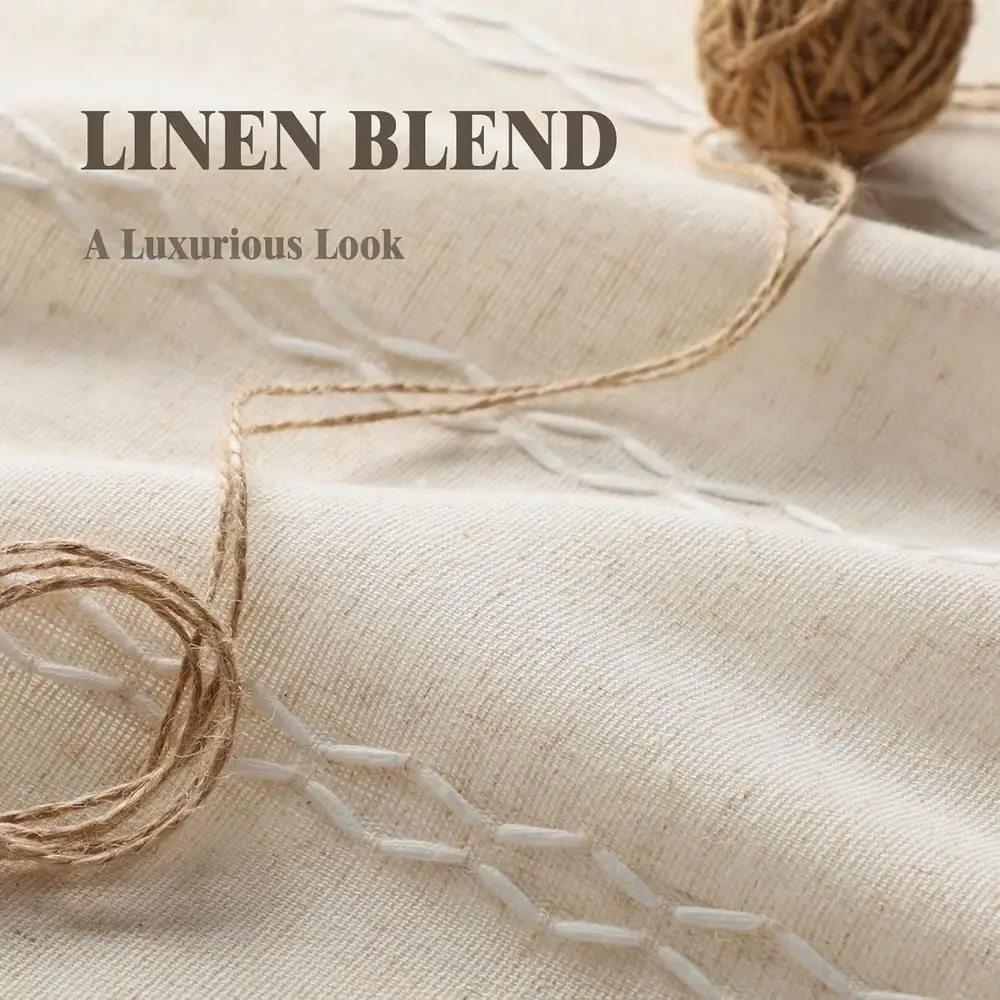 Boho-Vorhänge aus beigem Leinenmischung, 90er lang, mit Quasten und Stickerei, Bauernhaus-Stil für Wohnzimmer/Schlafzimmer