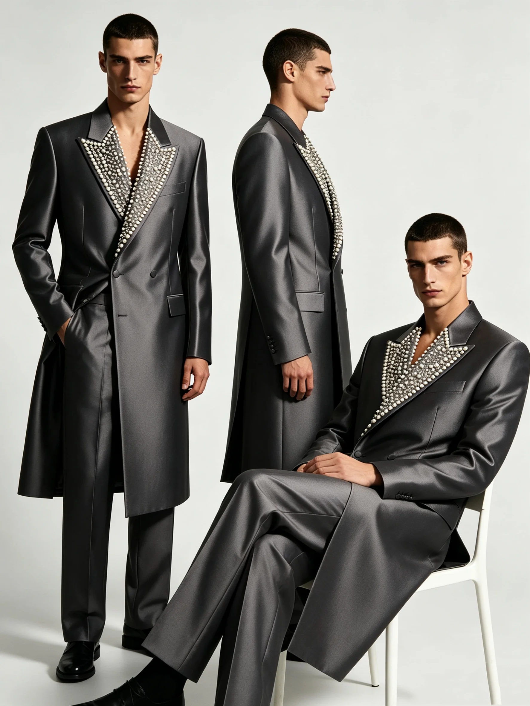 

Grey Satin Men Suit Set 2 Pcs Long Blazer+Pants Crystals Prom Wedding Tuxedos Coat Customized Formal Office Groom Jacket
