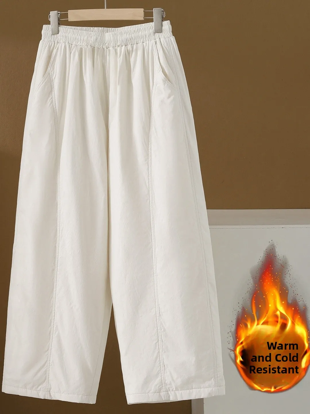 Thiened القطن بنطال ذو قصة أرجل واسعة شتاء جديد Sle لون نقي المرأة فضفاضة عادية ثنى بنطلون طويل عالية الخصر القطن #3