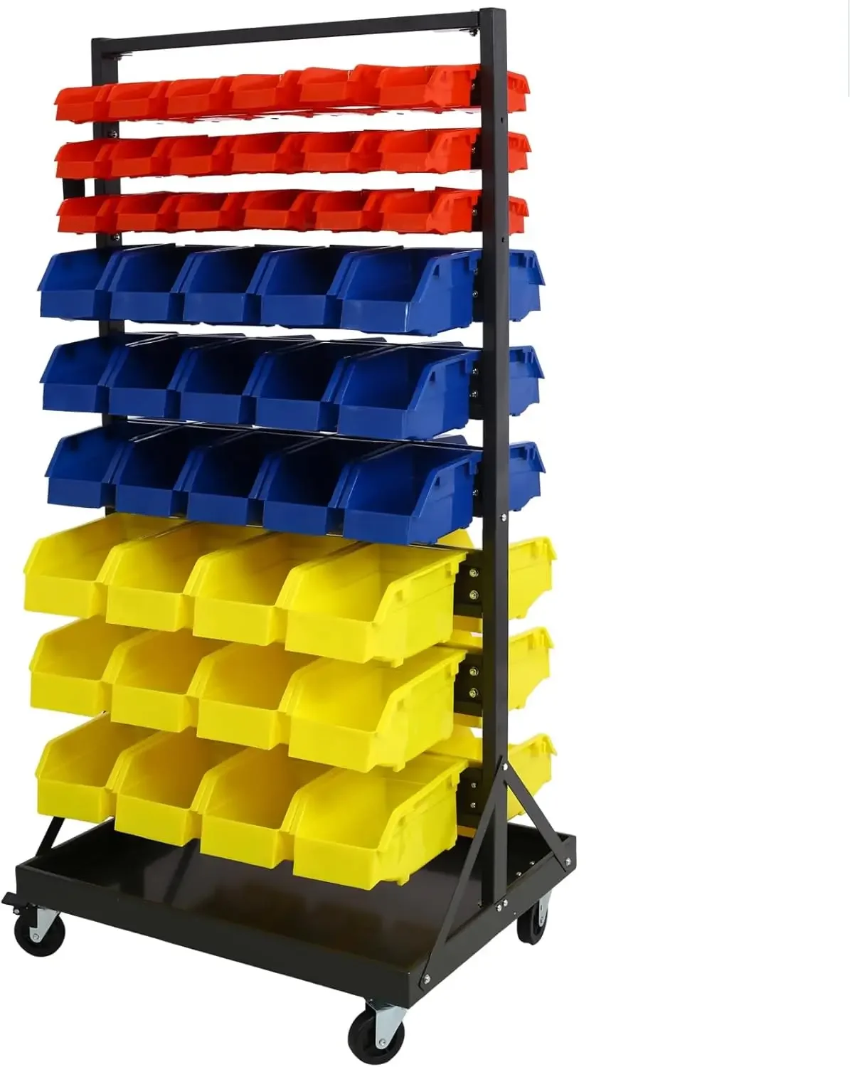 

90 Parts Bin Rack Garage Storage Unit System Steel Shelf 9 Tiers, Mobile Organizer Portable Wheels Plastic Bins Garage Shelving