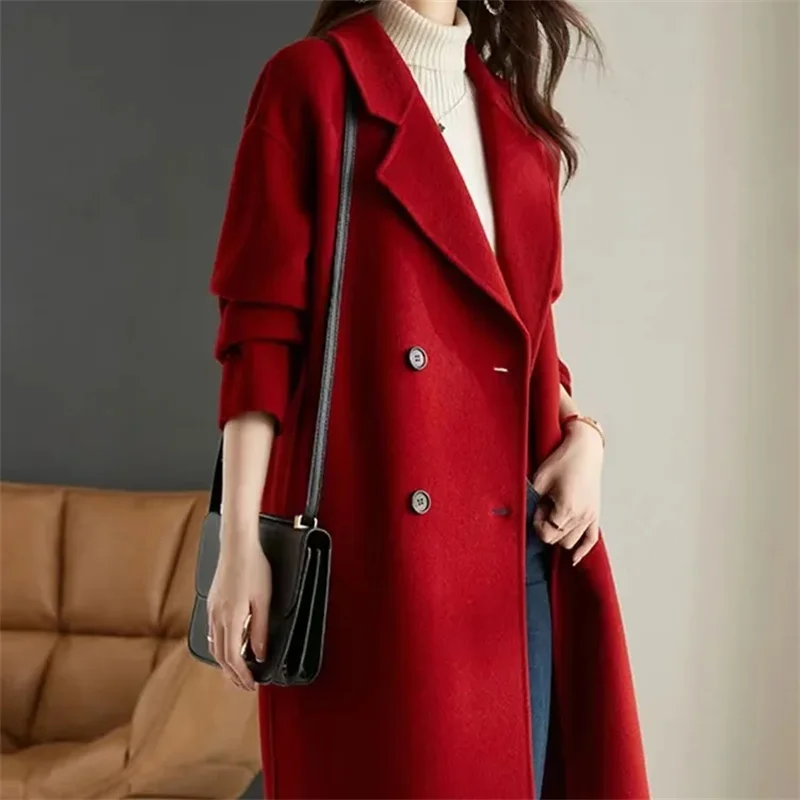 Płaszcz Jesień Zima 2025 Elegancki Skromny Jednolity Kolor Dwurzędowy Długi Rękaw Kołnierz Długi Płaszcz Biurowy Damski