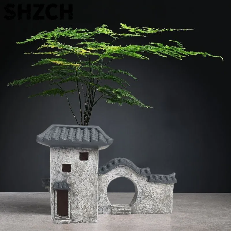 Chinese Style Huizhou Resin Craftsmanship Flower Pot Creative Jiangnan Architecture Desktop Decoration Bamboo Landscape PotZI873