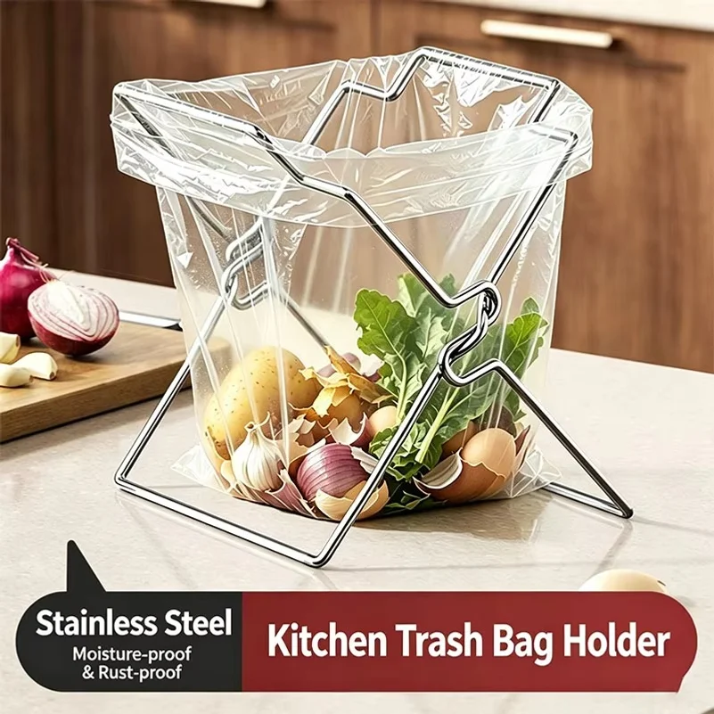 Collapsible Stainless Steel Garbage Bag Holder, Kitchen Countertop Trash Bag Support Rack, Portable Storage Organizer Stand