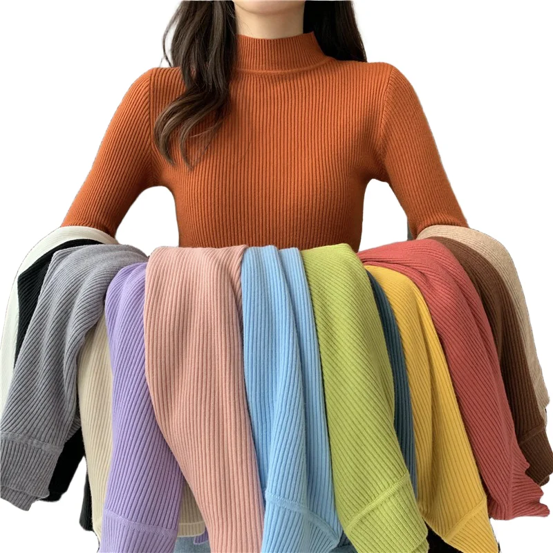 

Women's Slim Fit Knitted Sweater f High Collar Overhead Sle Autumn Winter Faion Basic Color Top Polyester Fiber