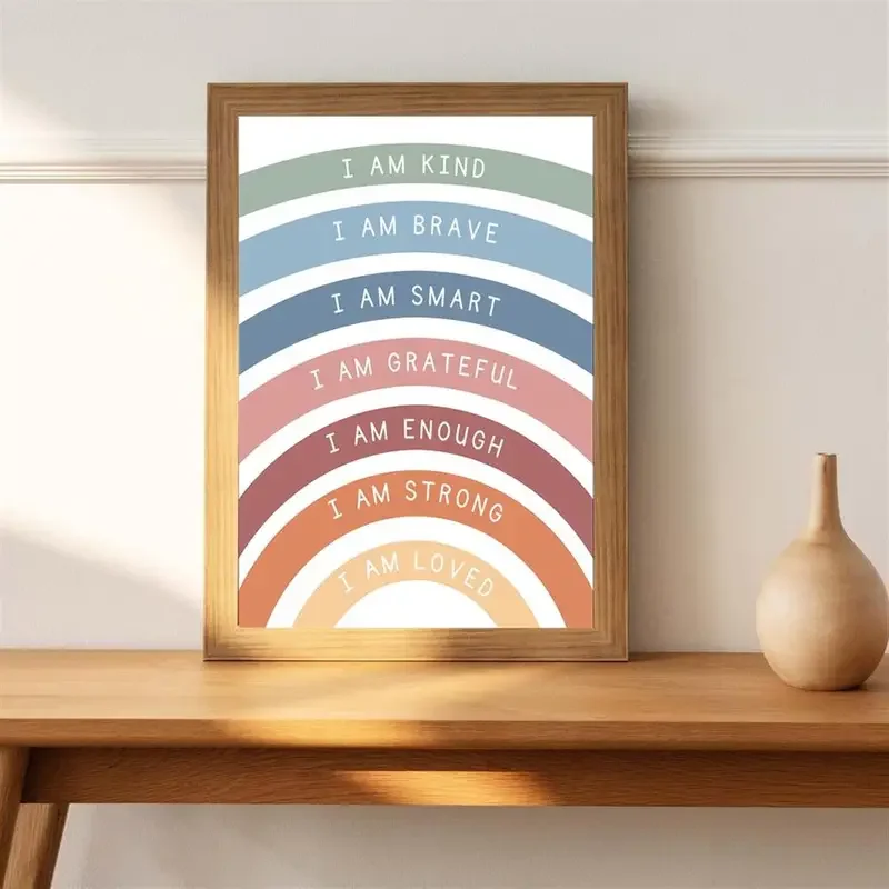 1pc Canvas Poster Printed Painting Affirmations For Kids Playroom Classroom  Wall Decor Rainbow Affirmations Print Boho Unframed