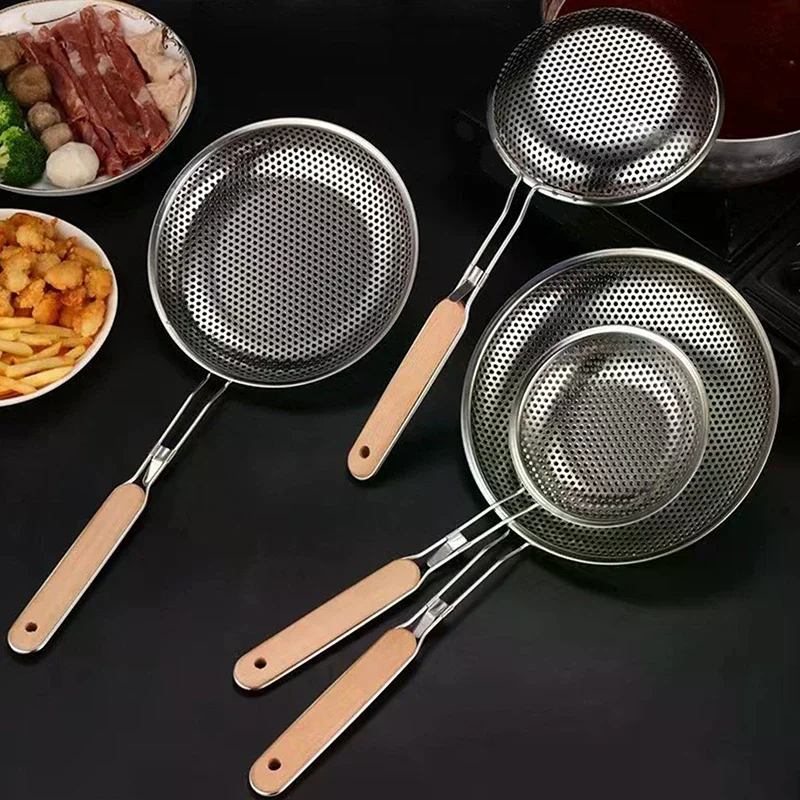 

Wooden Handle Stainless Steel Colander Pasta Noodle Strainer Skimmer Spoon Oil Pot Food Filter Strainer Cooking Kitchen Utensils