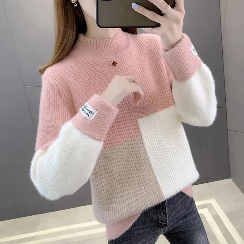 

Turtleneck Sweater Women Thicken Color Blocking Mink Fur Knitted Pullover Autumn Winter Loose Basic Sweater Jacket Femme Jumper