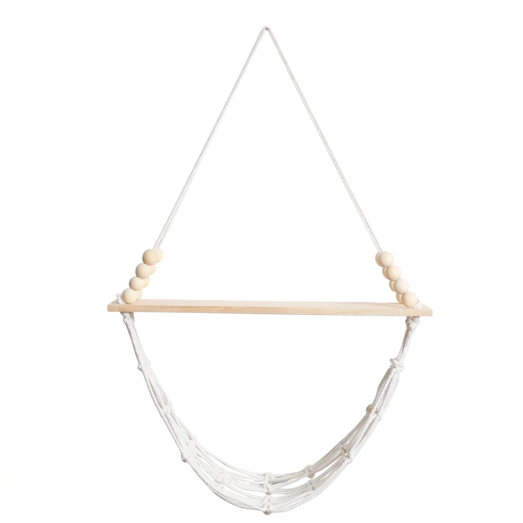 Space-Saving Storage Net Boho Wood-Bead Wall Hanging Organizer for Kids Room Bedroom Homestay Decor Durable Cotton Cord Basket