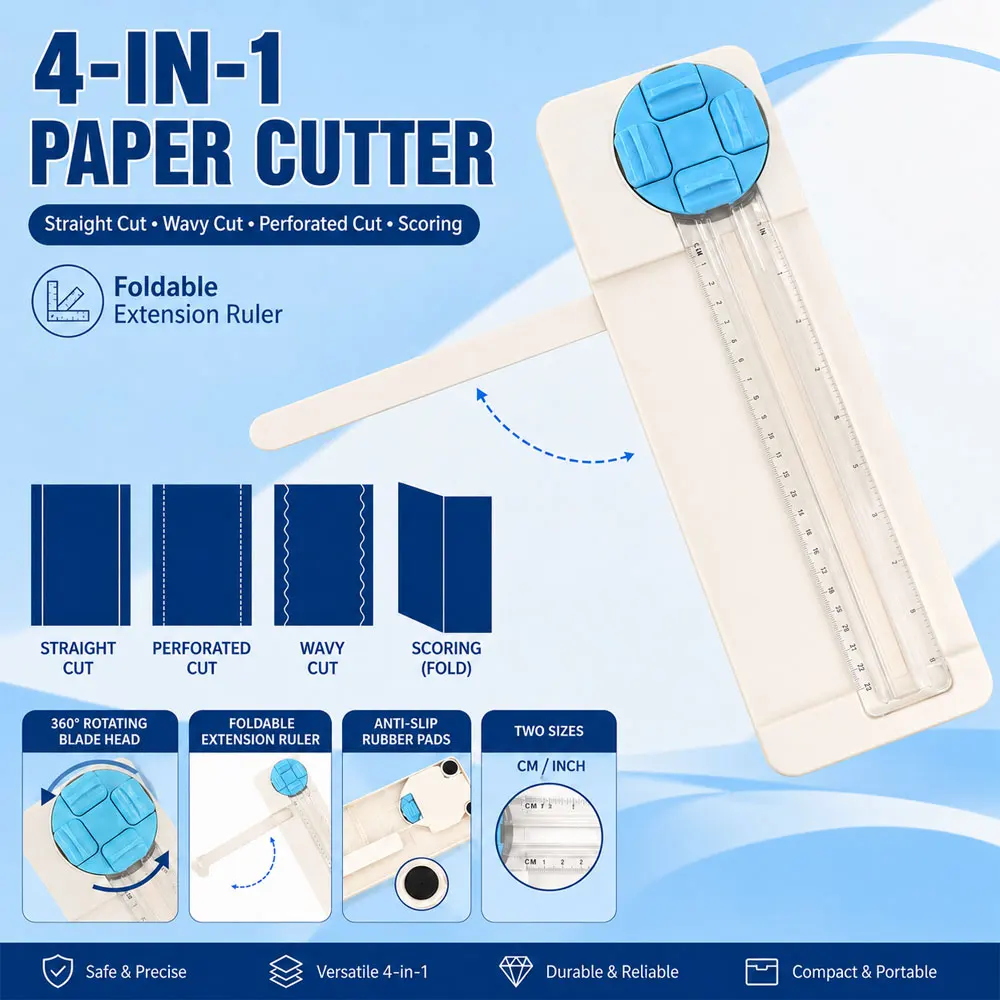 4-in-1ペーパーカッター（360度回転機能付き）-°-回転刃付き折りたたみ定規、直線、波線、ミシン目、溝切り、diyクラフト、オフィス用
