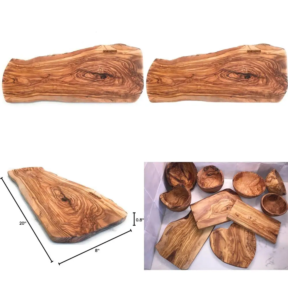 Tabla de charcutería de madera de olivo con borde de corteza artesanal, 20 unidades - Perfecta para cortar, picar y servir. Tabla de Madera, Regalo para Cocina - Tamaño
