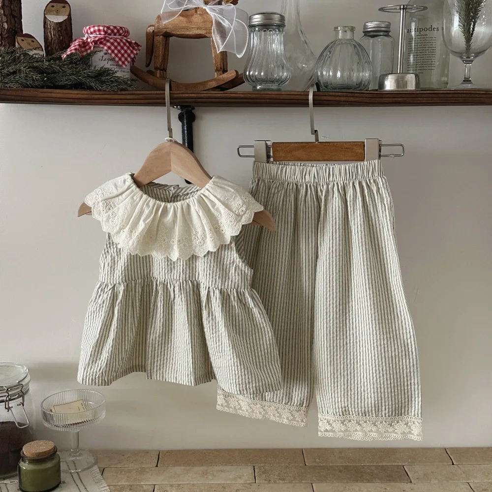 2026 Summer New Baby Girl Sleeveless Casual Striped Clothes Set Infant Girl Lace Collar Vest + Pants 2pcs Suit Toddler Outfits