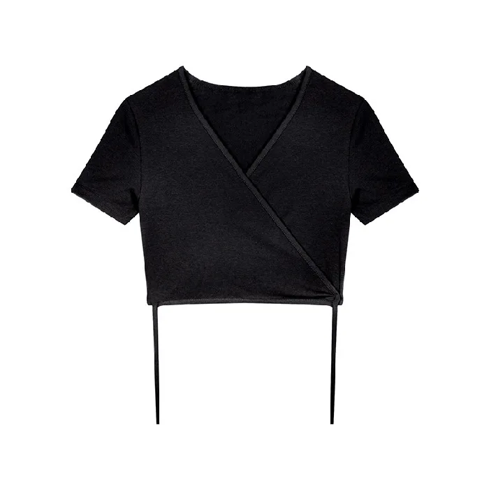 Slim-fit V-neck T-shirt Slim-fit Black Strap-on Short-sleeved Top Year Summer