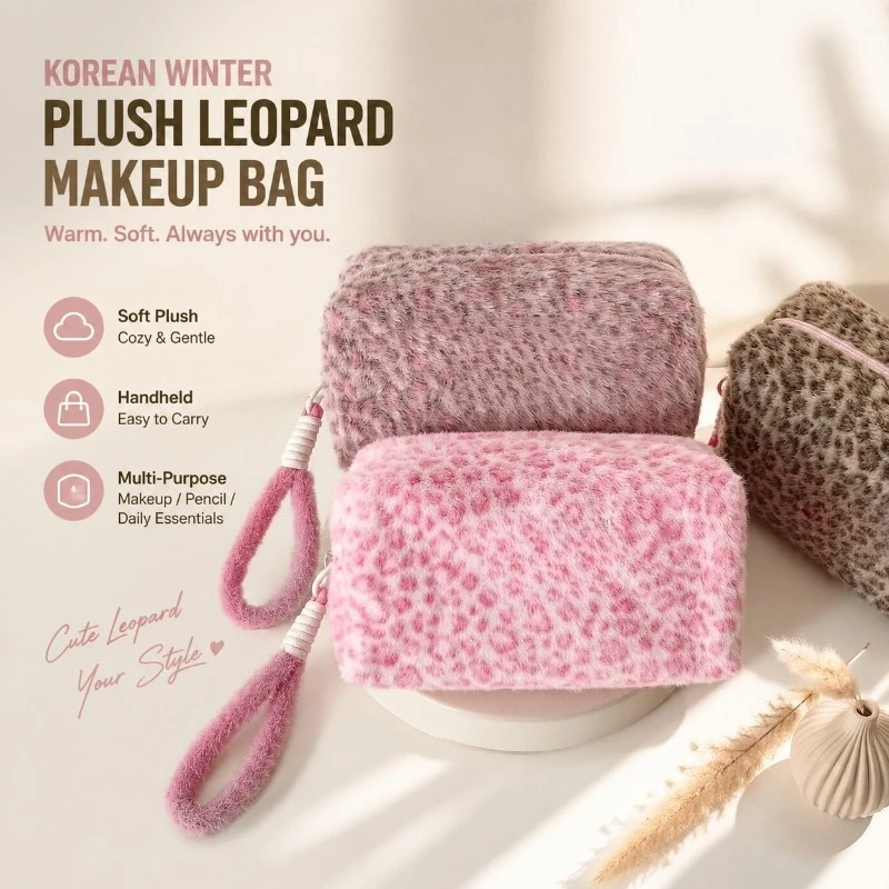 Korean Winter Plush Leopard Pattern Handheld Makeup Bag Portable Lipstick Storage Case for Women Girls Students Pencil Pouch