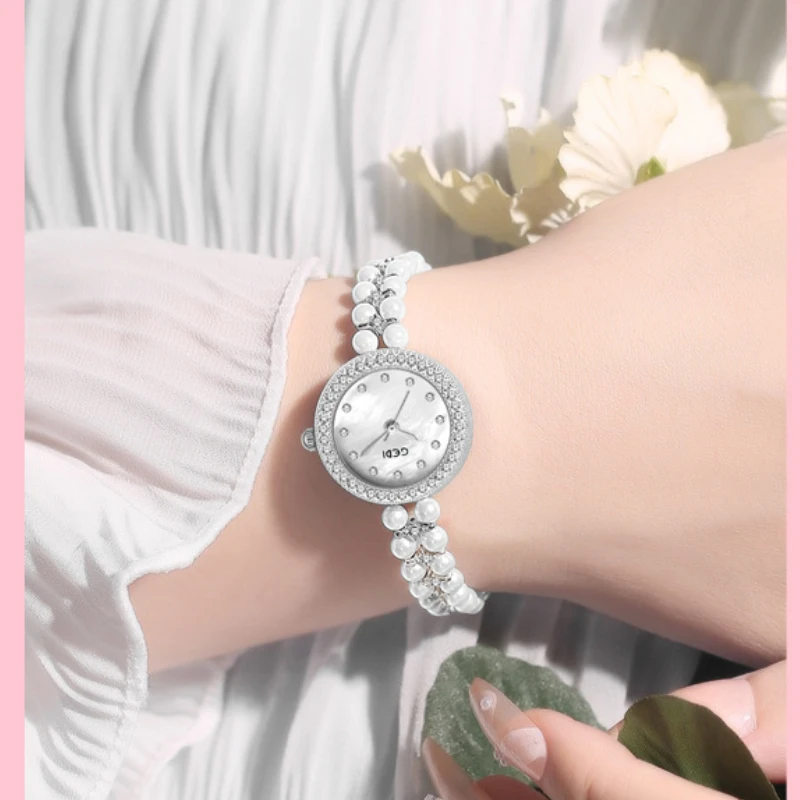 Fashion Women Watches Luxury Elegant Casual Lady\'s Imitation Pearl Bracelet Watches Silver Waterproof 3Bar Top Brand Gift Clock