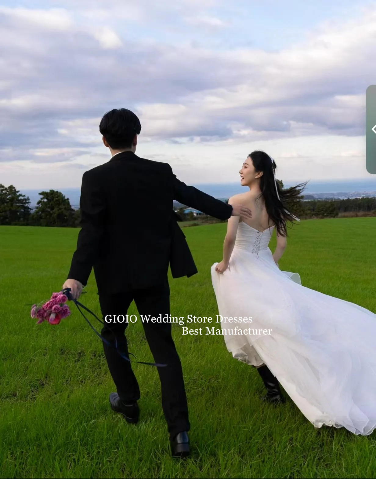 GIOIO فستان زفاف متدرج عاجي من الأورجانزا بدون حمالات بطول الأرض فستان زفاف مخصص كوري لالتقاط الصور الفاخرة