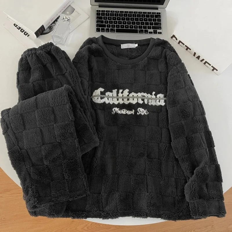 الخريف الشتاء سميكة الدافئة منامة الرجال الكورية رسالة منقوشة جديدة طويلة الأكمام ملابس النوم Homewear مجموعة ملابس خاصة المتسكعون الموضة #3