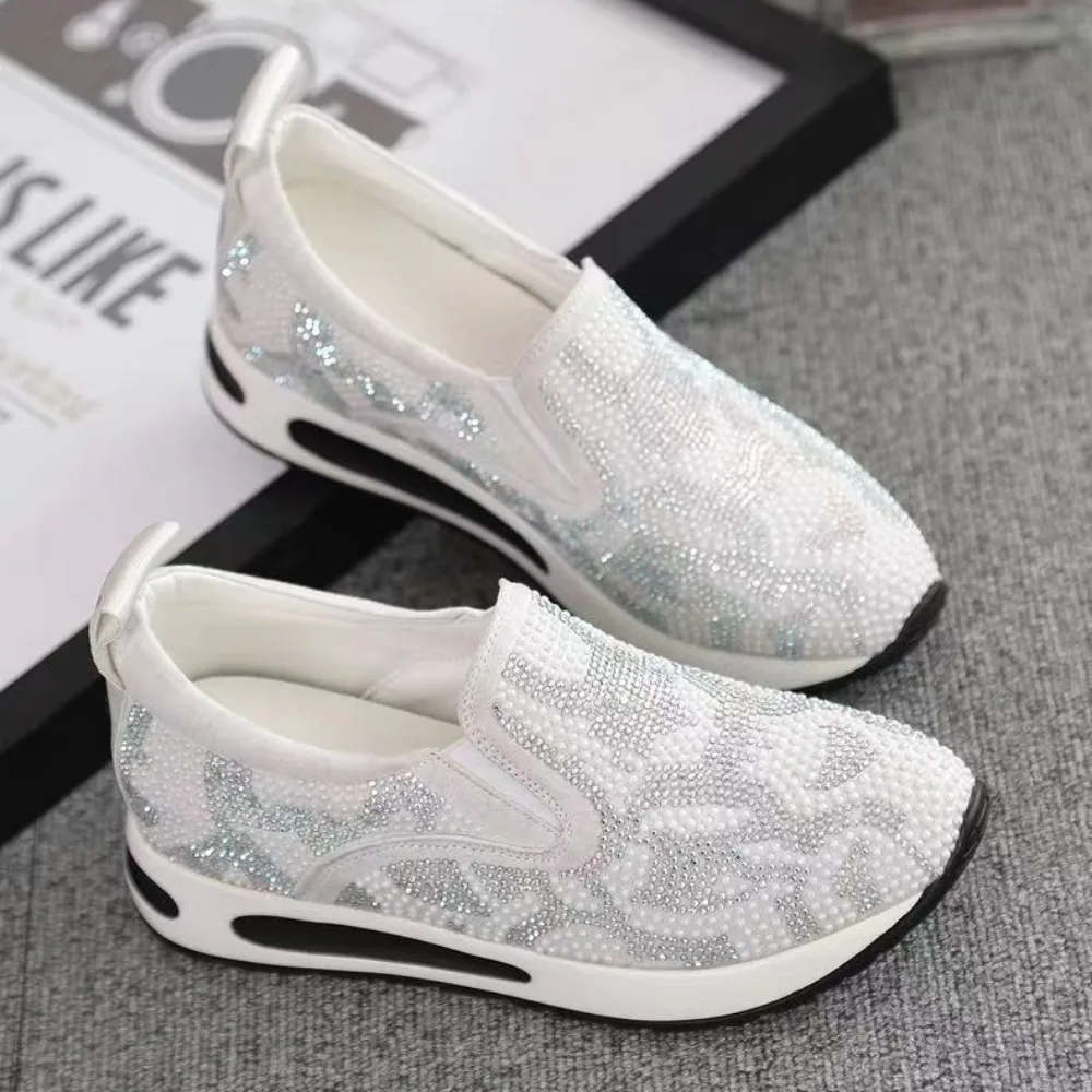 Platform Sneakers Spring Autumn New White Shoes Women\'s Water Diamond Flat Bottom Sports Casual Shoes Cloth Top Board Shoes