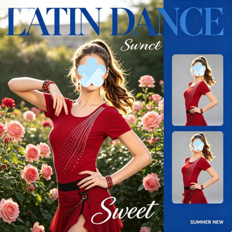 

High-end Slim Latin Dance Costume, Summer Short Sleeve Hot Diamond Top for Modern Standard Latin Dance Competition Stage Wear