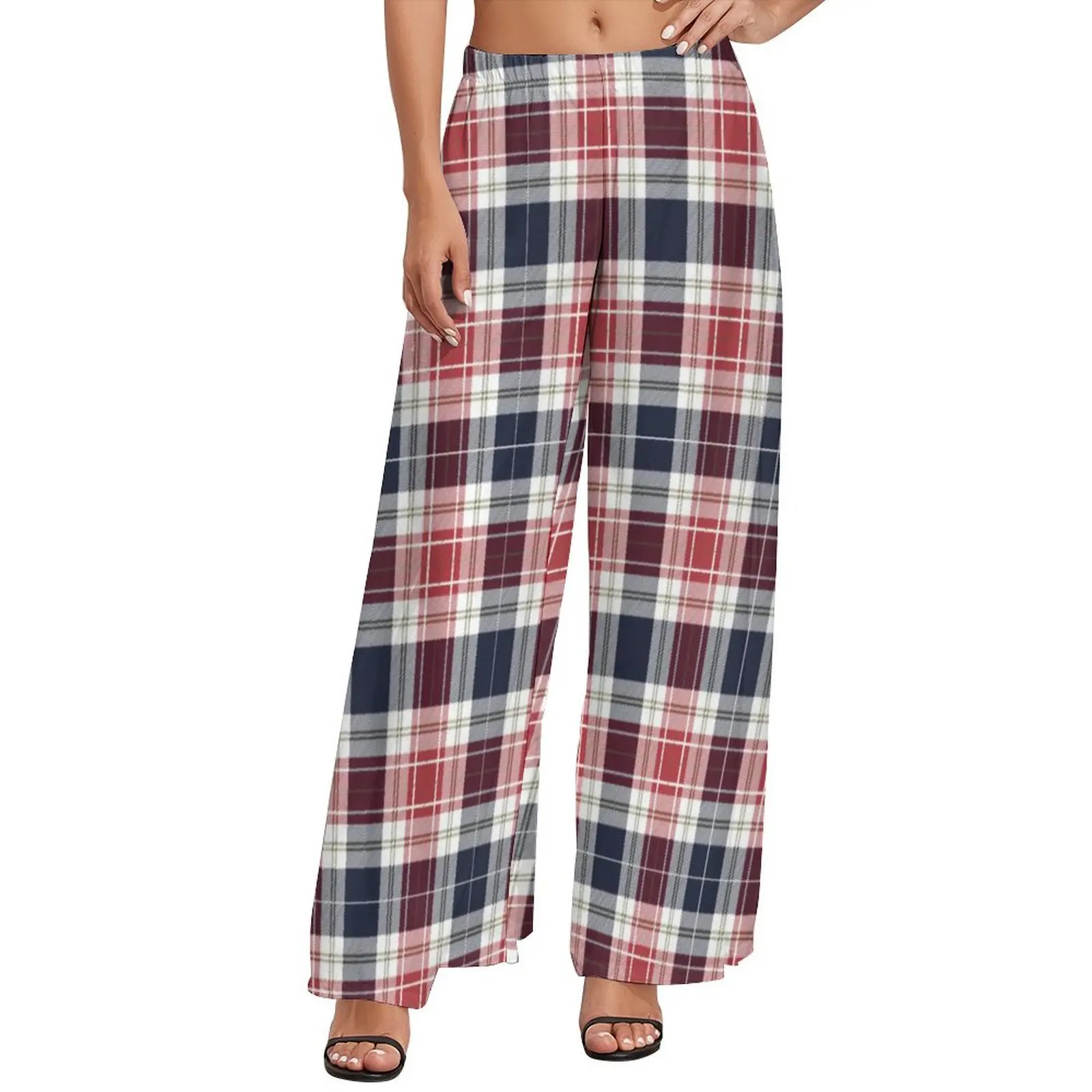 

Red And Blue Plaid Pants Retro Check Trendy Wide Leg Pants Women Oversized Streetwear Design Straight Trousers