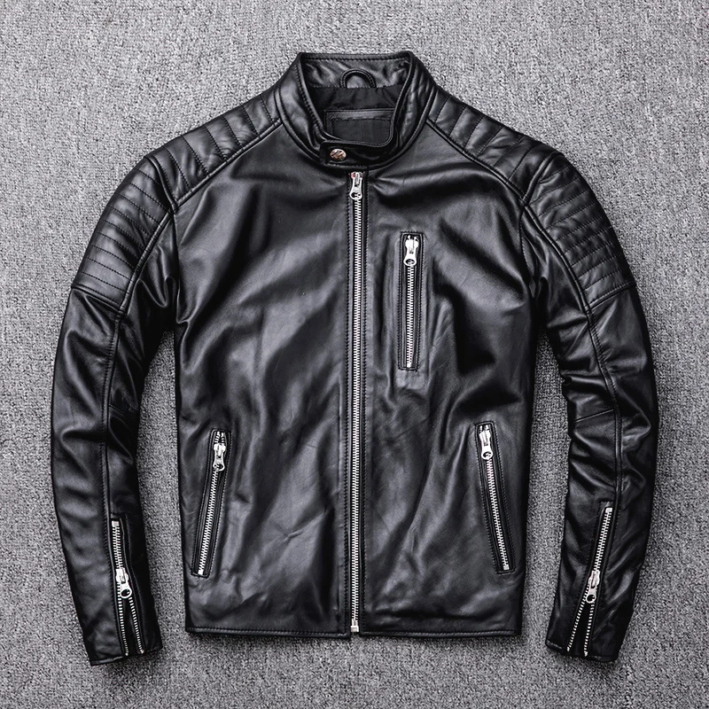 

100% Lambskin Genuine New Leather Motorcycle Biker Jacket Men Plus Size Short Slim Real Leather Coat Mens Stand Collar Outerwear