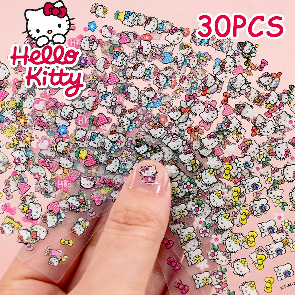 30 pezzi carino 3D glitter adesivi per unghie Hello Kitty design dei cartoni animati per bambini forniture per decalcomanie per unghie KT adesivi per gatti decorazione per manicure