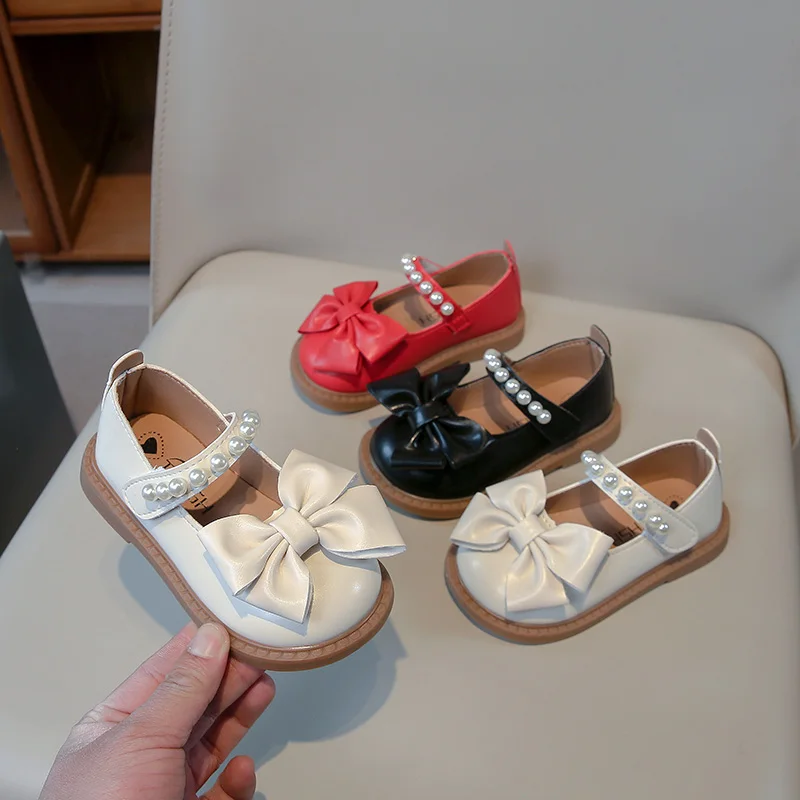 

Children's Leather Shoes Kids Casual Shoes for Toddlers Little Girls Infants Shoes 2025 Spring Autumn New Princess Pearls Bowtie
