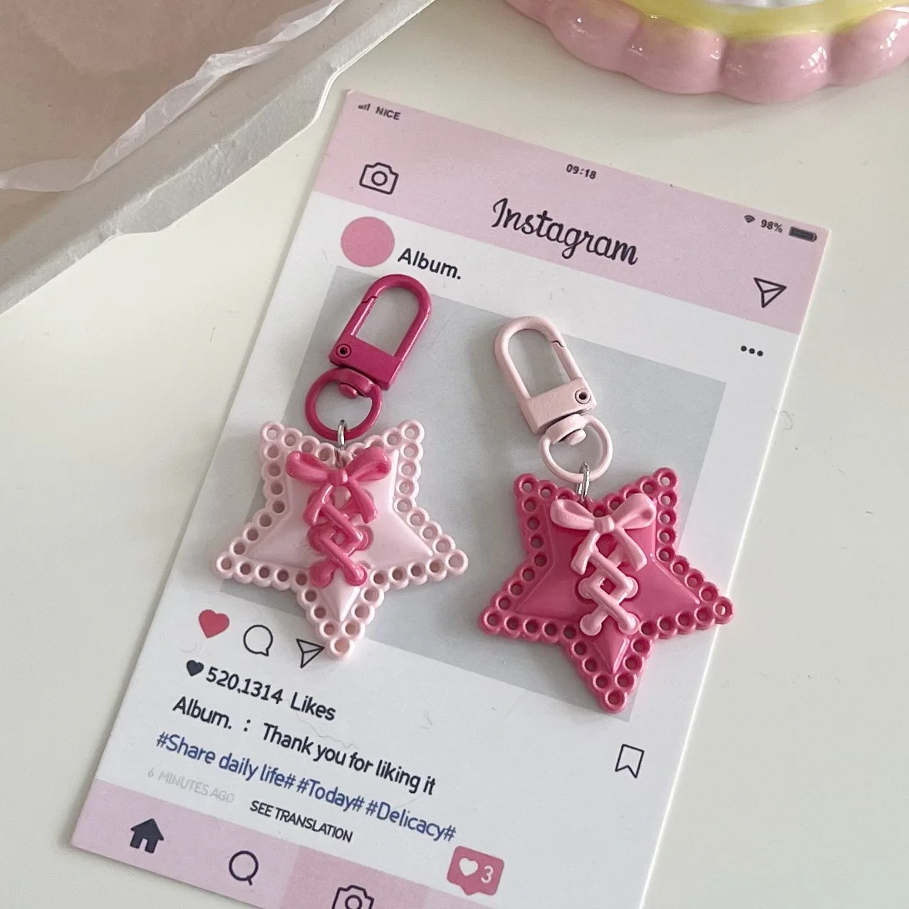 4pcs Y2K Hollow Out Ribbon Star Keychain Sweet Girl Pendant Cute Bow Accessory